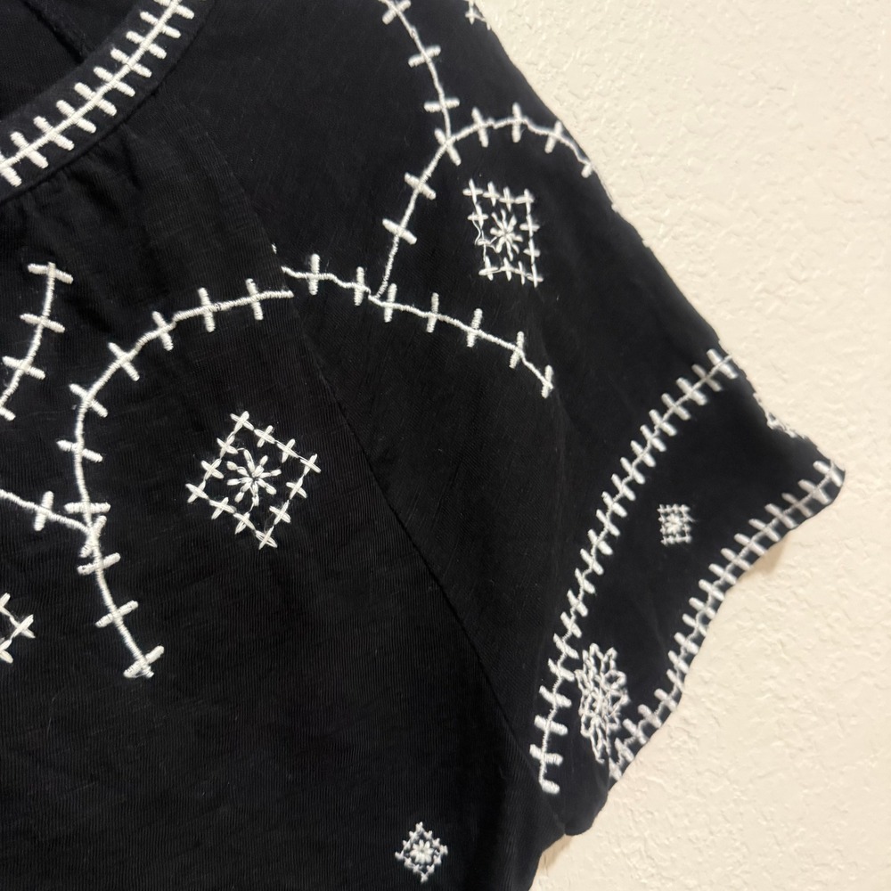 Talbots‎ Black Cotton Embroidered Boho Split Neck Tie Top Medium IN3048 - Picture 4 of 9